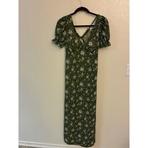 Inspired Hearts Olive Green Floral Open Back Maxi Dress XL Short Puff Sleeve